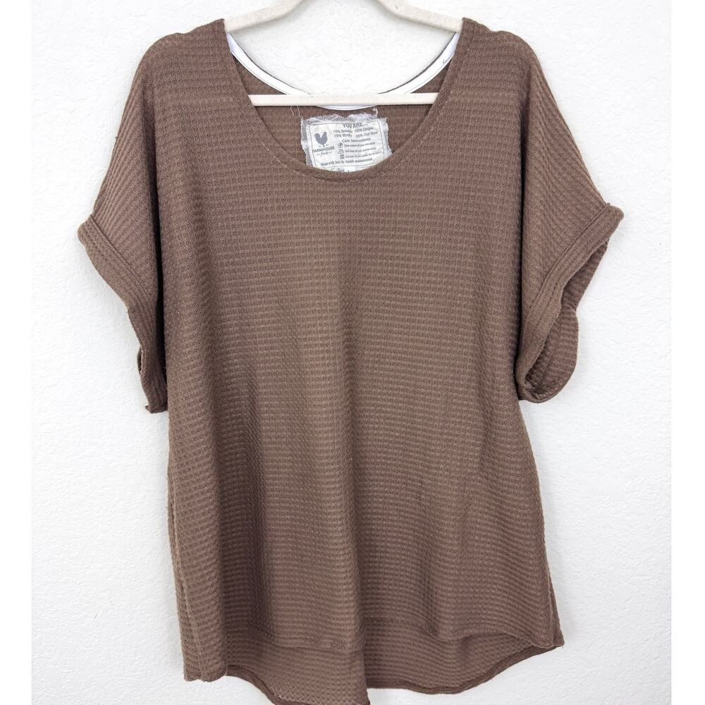Farmhouse Frocks Womens Short Sleeve Waffle Knit Top Shirt Size L Brown